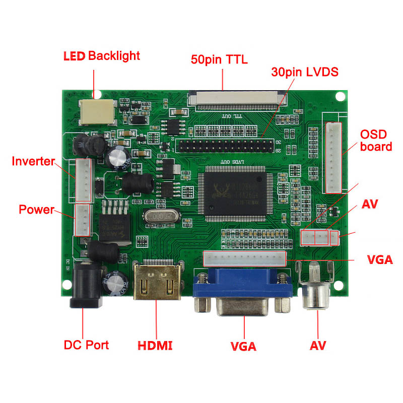 VGA+HDMI+AV LCD Controller Board 50pin TTL/30pin LVDS Panel Signal Interfaces